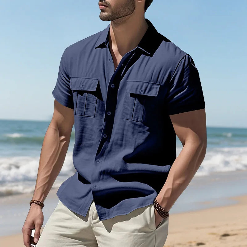 Men's Cotton Linen Short-Sleeved Shirt Summer Solid Color Stand-Up Collar Casual Beach Style plus Size S-5XL