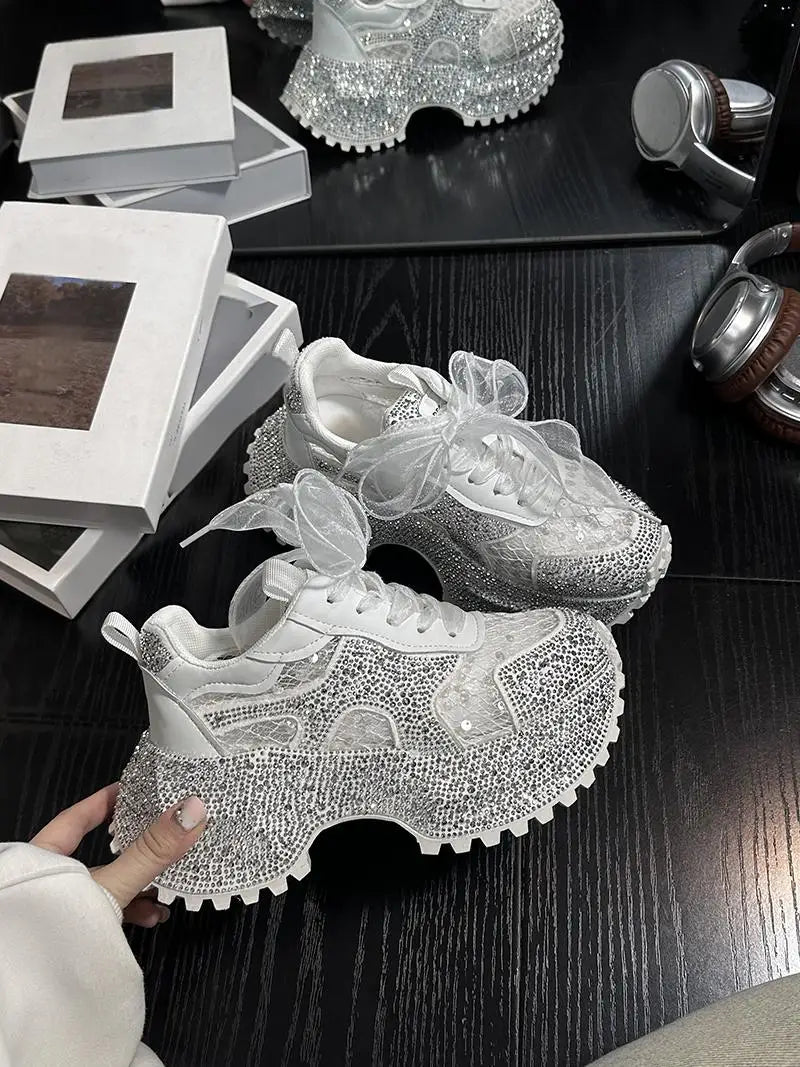 Leisure Sneakers Lace Up Breathable Platform Women Pumps High Heel Round Toe Solid Color Daily Diamonds Bowknot Comfortable