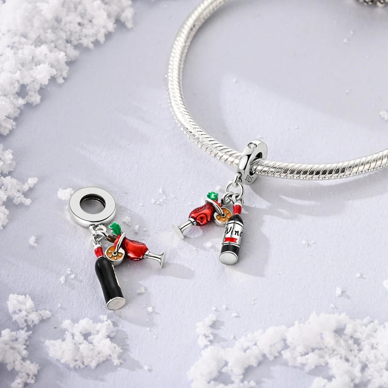 Original 925 Sterling Silver Red Charm Beads Red Wine Chili Dumbbell Pendant For Women Fit DIY Bracelet Birthday Jewelry Gift