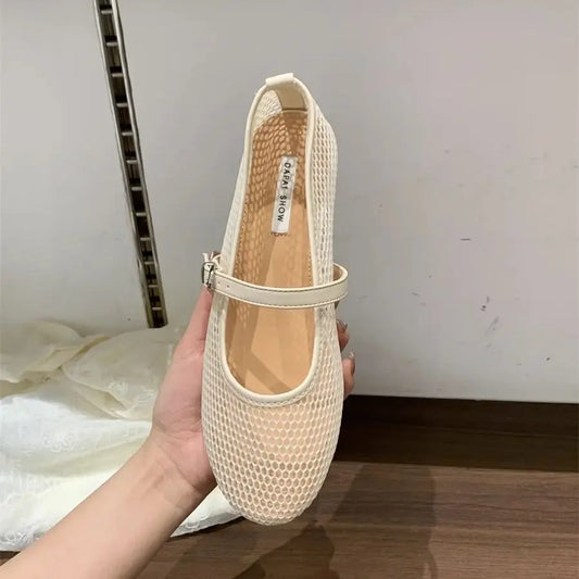 Fishnet Ballet Flats Women Fashion Brand Design Hollow Loafers Mary Jane Shoes Breathable Women Summer Sandals Sandalias Mujer