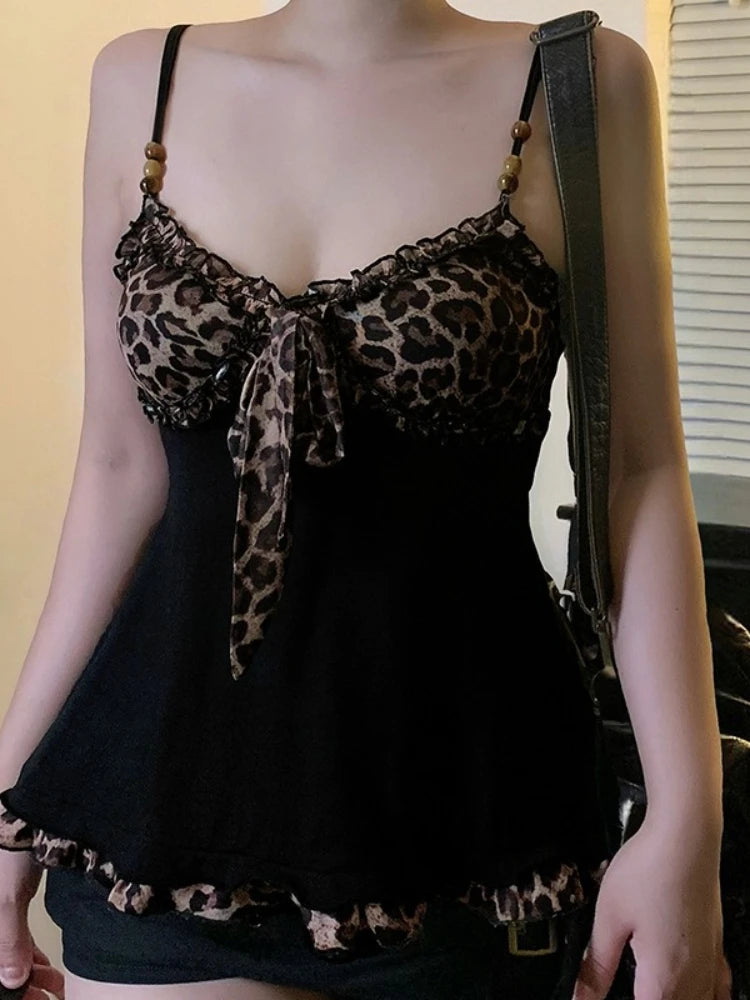 American Hotsweet Y2k Leopard Camisole Women Retro Streetwear E-girl 90s Dark Gothic Sexy Patchwork Lace-up Crop Tank Top Femme