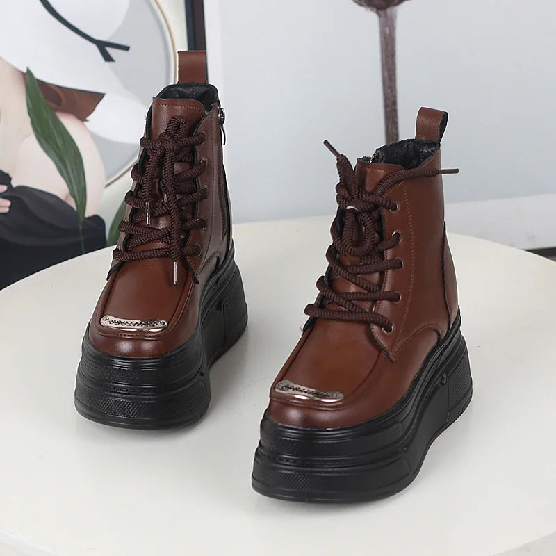 12CM Genuine Leather Winter Autumn Chimney Plush Spring Ankle Booties Fashion ZIP Women Moccasins Platform Wedge Shoes