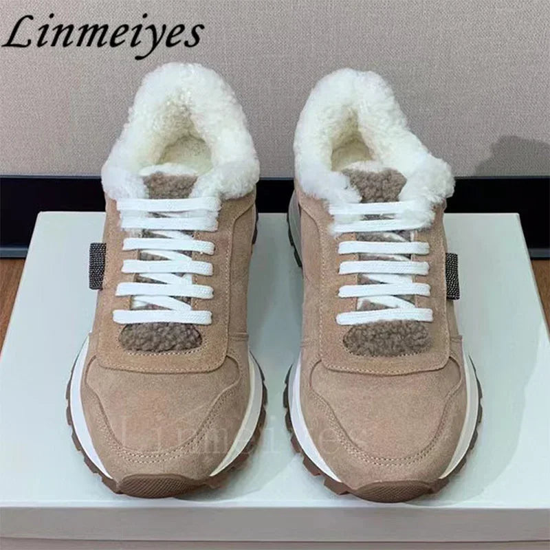 Casual Fur Sneakers Women Outdoors Run Shoes Round Toe Lace Up String Bead Flat Shoes Female Winter Wool Warm Sports Shoes Woman