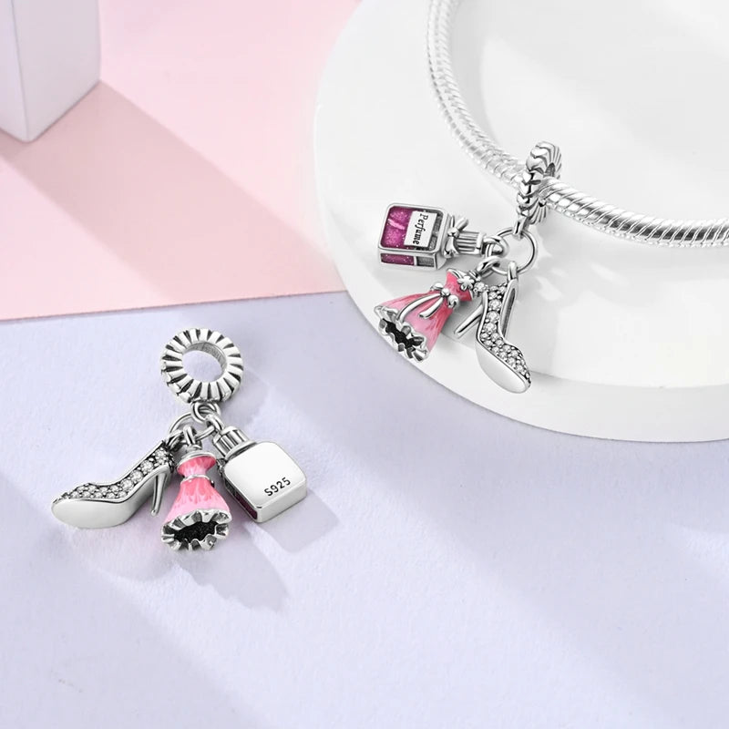 Original S925 Silver Romantic Pink Crown Perfume Bottle Charms Beads Fit Qikaola Bracelets Fine DIY Jewelry Valentine's Day Gift