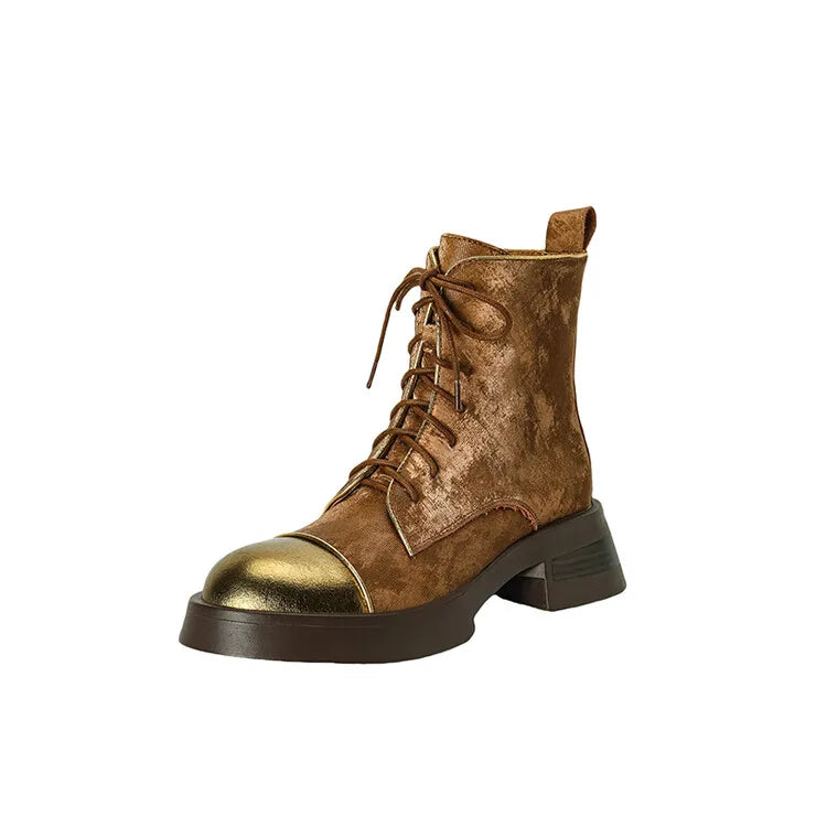 NEW Autumn Women Boots Genuine Leather Shoes for Women Round Toe Chunky Heel Shoes Lace-up Platform Boots Black Ankle Boots