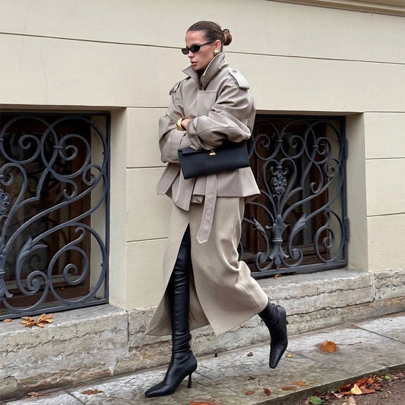 Solid Lapel Lace Up Trench Coat For Women Fashion Long Sleeves Wide Shoulder Short Loose Coat 2025 New Autumn Commute Outwear