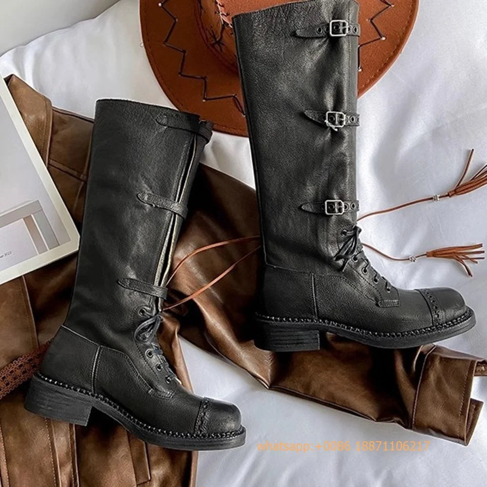 Genuine Leather Ladies Knight Boots 2025 Autumn Belt Buckle Model Catwalk Casual Long Boots Black/brown Thick Heel Casual Boots
