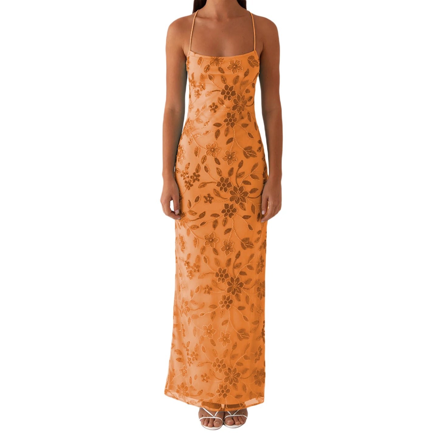 2025 Women Beaded Flower Cami Dress Slim Glitter Sequin High Split Spaghetti Strap Open Back Long Dress for Party Club Vestidos