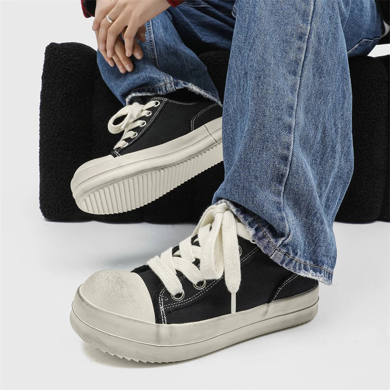 2025New Men Canvas Thick Bottom Sneakers Fashion Lace Up Casual Youth Shoes Lightweight Outdoor Comfy Flat Designer Walking Shoe