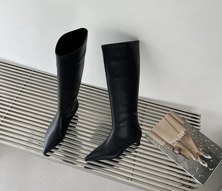 2025 Luxury Knee High Boots Women Wine Red Pointed Toe Kitten Heel Long Boots Wide Tube Bottes Santiags Femme Elegant Shoes
