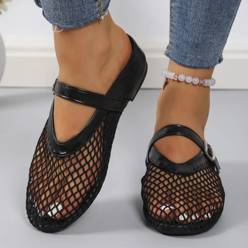 Fishnet Ballet Flats Women Fashion Brand Design Hollow Loafers Mary Jane Shoes Breathable Women Summer Sandals Sandalias Mujer