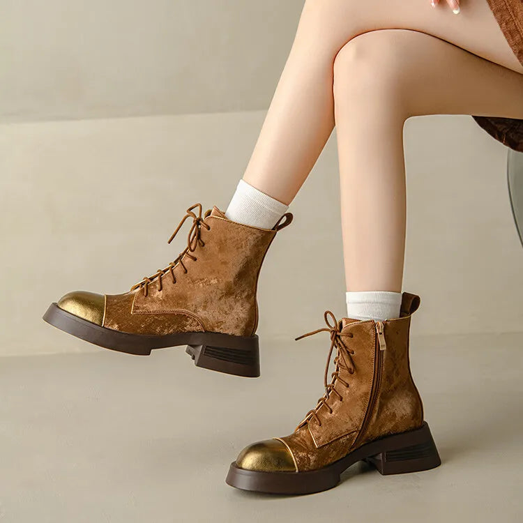 NEW Autumn Women Boots Genuine Leather Shoes for Women Round Toe Chunky Heel Shoes Lace-up Platform Boots Black Ankle Boots