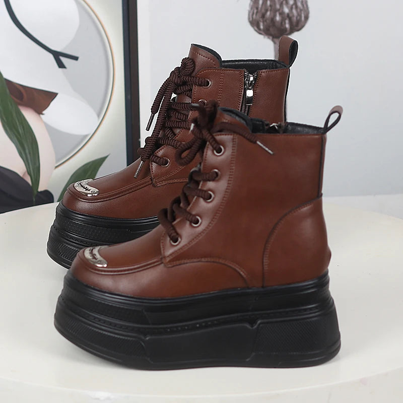 12CM Genuine Leather Winter Autumn Chimney Plush Spring Ankle Booties Fashion ZIP Women Moccasins Platform Wedge Shoes