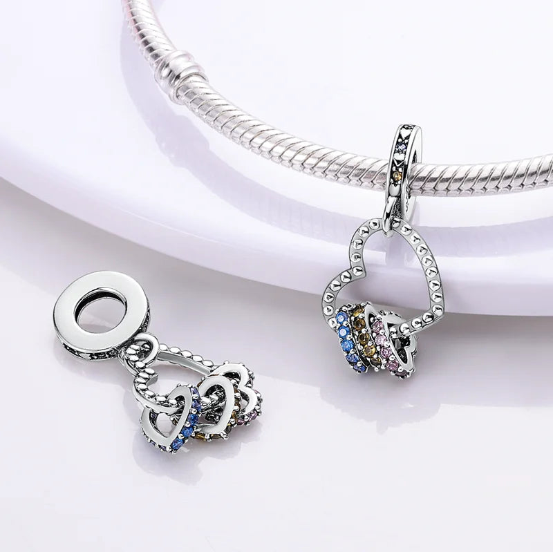 Original 925 Sterling Silver Love Heart Family Charm Beads Pendant Fit Bracelet Charm Women DIY Jewelry Gift