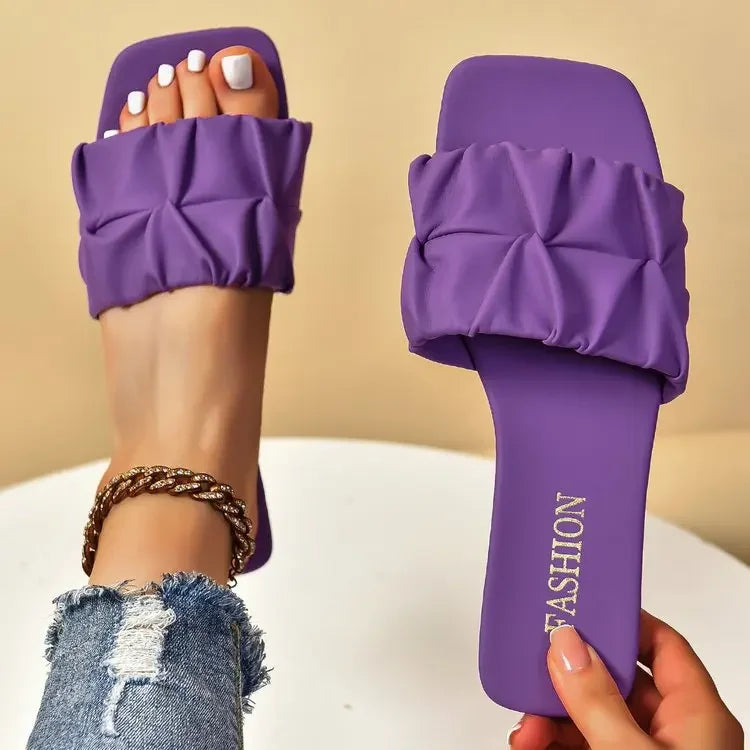 Summer Slippers Women's Flip-flops Flat Shoes 2024 purple Pleated Slippers Women's Sandals Slip-on Shoes Large Size 35-43