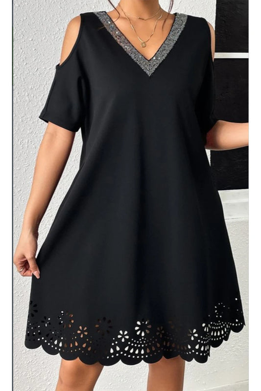 Women Plus Size Elegant Mini Dress Short Sleeve Sequined V Neck Hollow Out Straight Soft Casual Summer Loose Dresses for Women