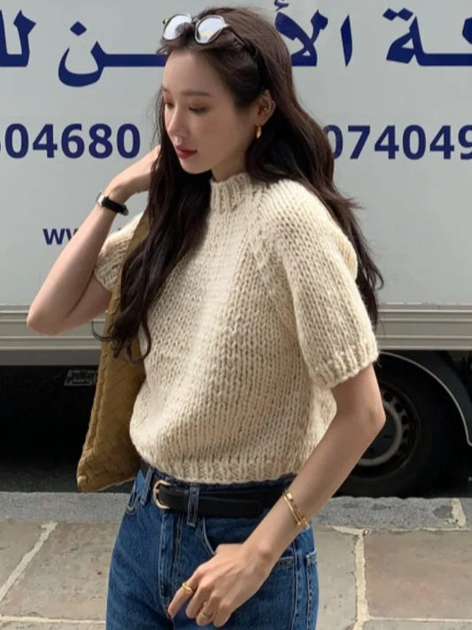 Chic Vintage Heavyweight  Knitted Loose ort Sve Striped Sweater for Women Summer Collection oulder Sve
