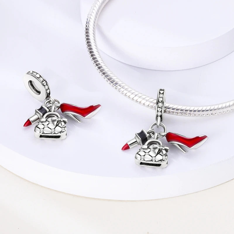 Original 925 Sterling Silver Red Charm Beads Red Wine Chili Dumbbell Pendant For Women Fit DIY Bracelet Birthday Jewelry Gift