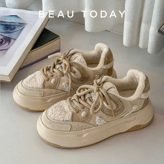 BEAUTODAY Furry Sneakers Women Suede Leather Mixed Colors Non-Slip Lace-up Warm Casual Winter Ladies Shoes Handmad MS1C003