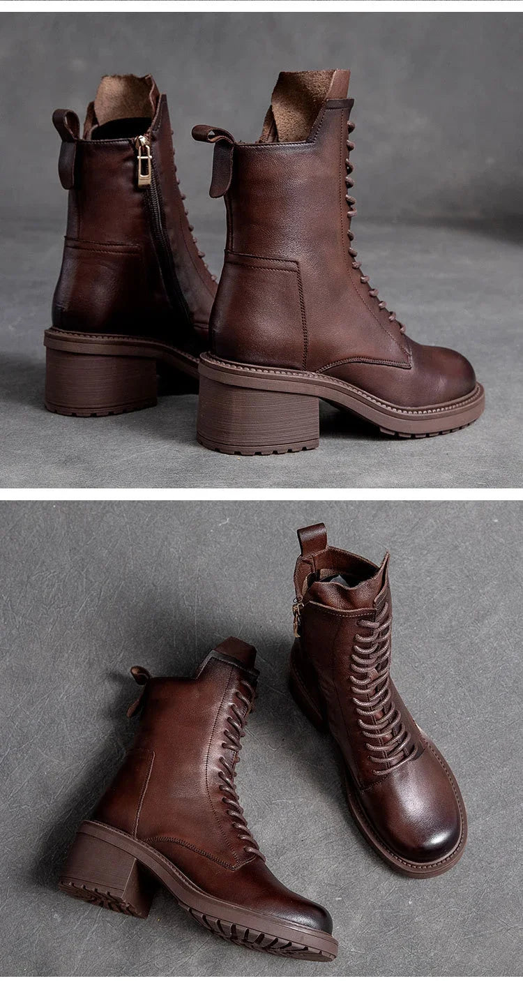 Careaymade 2025 Cow Leather Quality Women Shoes Autumn Winter Square Med Heel Ankle Boots Lace Up Zipper Ladies Pumps Size 35-40