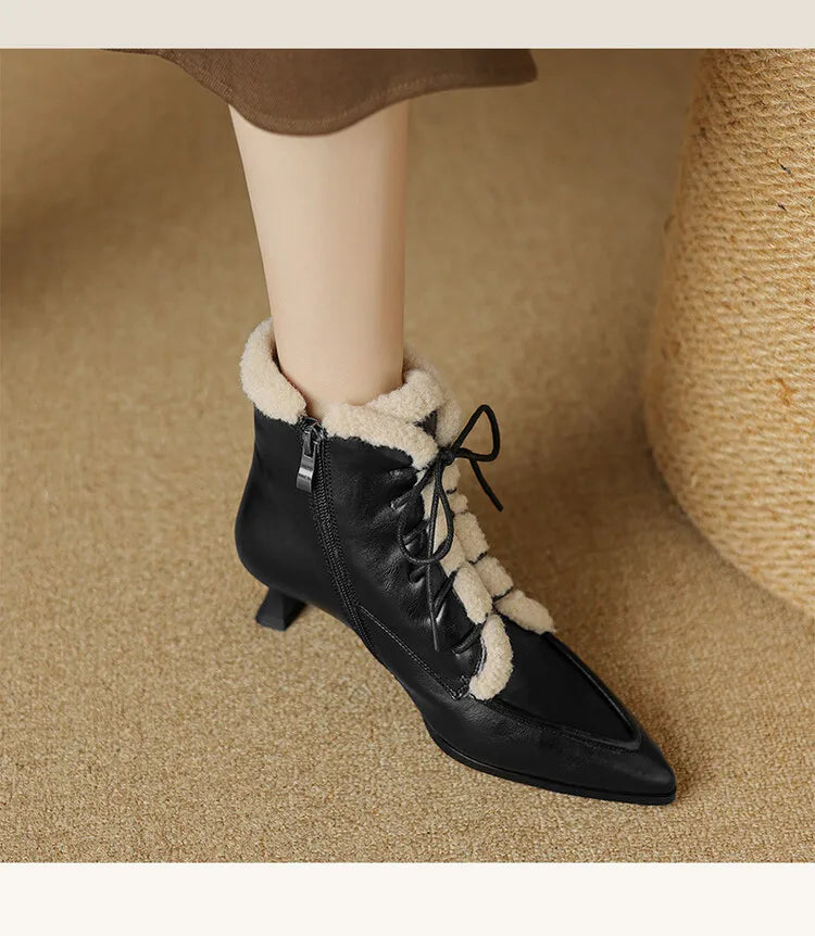 NEW Winter Women Shoes Split Leather Shoes for Women Pointed Toe Kitten Heel Shoes Elegant Modern Boots Wool Blend Ankle Boots