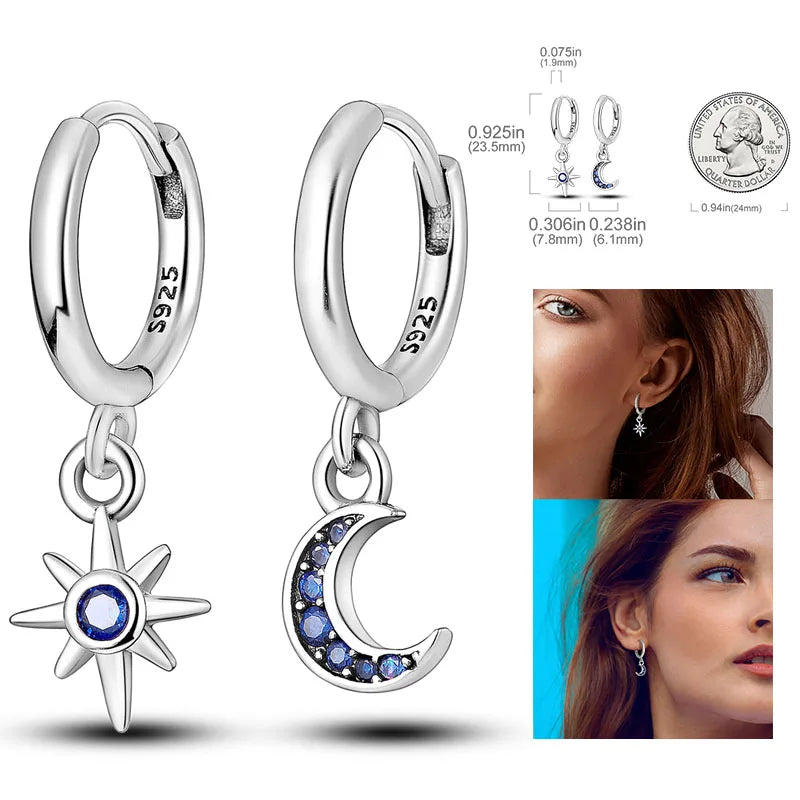 925 Silver Hoop Earrings  For Woman Pendientes Zircon Heart Shape Star Eardrop Original Earring Fashion Jewelry