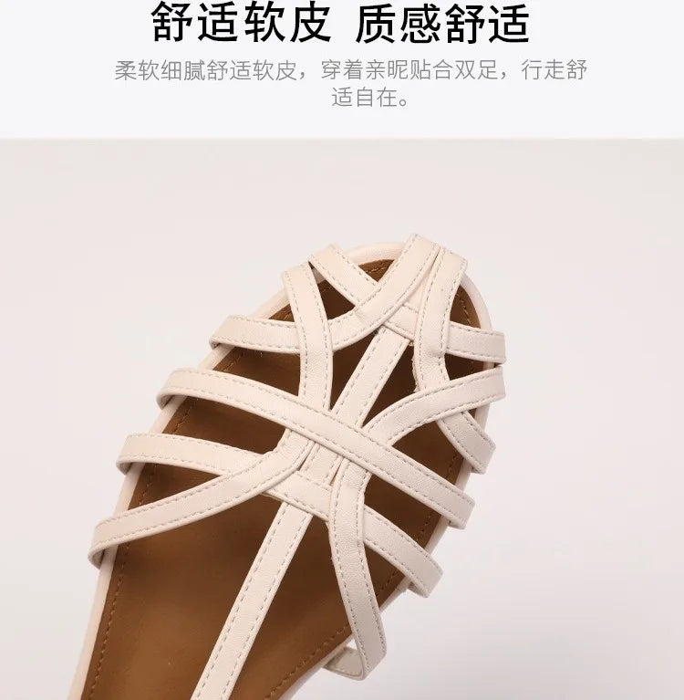 Knitted Hollow Flat Toe Sandals for Women's 2025 New Summer Wear, Breathable One-piece Buckle Fashion Vacation Roman Shoes Women