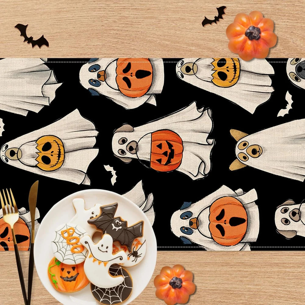 Ghost Dog Table Runner Halloween Lantern Pumpkin Bat Kitchen Dining Table Decoration Kitchen Dining Table Decor Washable