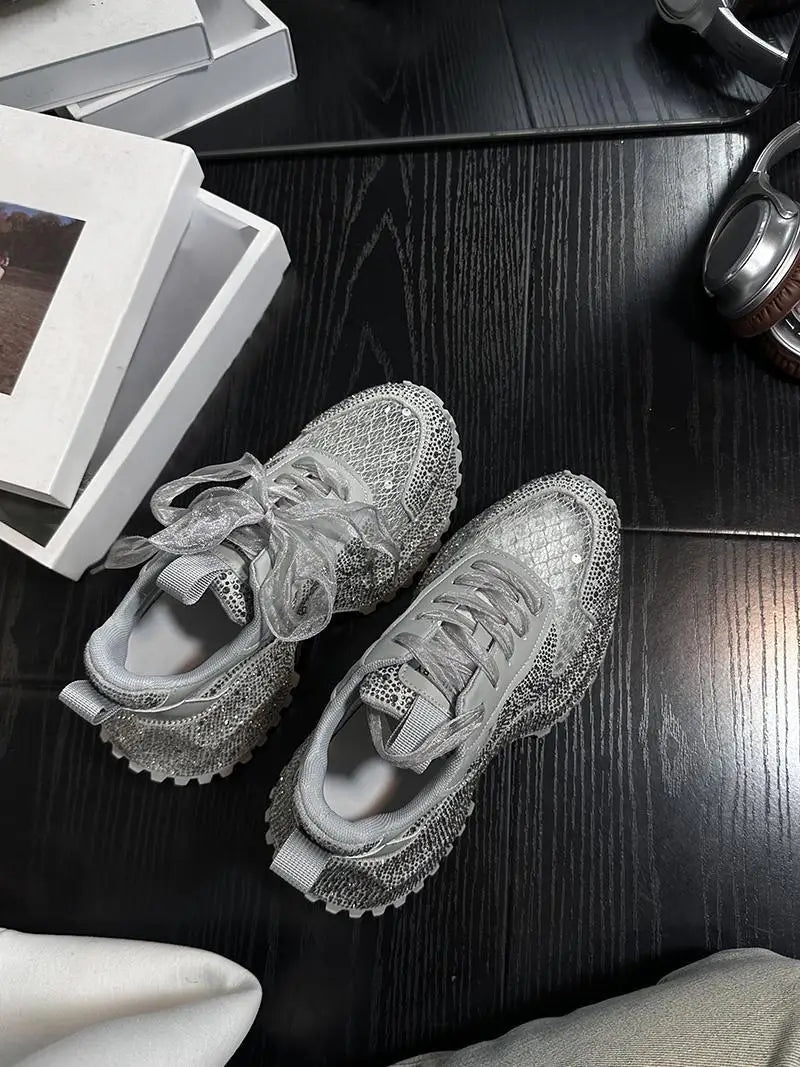 Leisure Sneakers Lace Up Breathable Platform Women Pumps High Heel Round Toe Solid Color Daily Diamonds Bowknot Comfortable