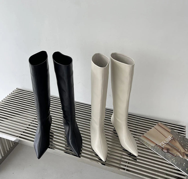 2025 Luxury Knee High Boots Women Wine Red Pointed Toe Kitten Heel Long Boots Wide Tube Bottes Santiags Femme Elegant Shoes