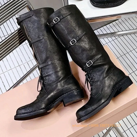 Genuine Leather Ladies Knight Boots 2025 Autumn Belt Buckle Model Catwalk Casual Long Boots Black/brown Thick Heel Casual Boots