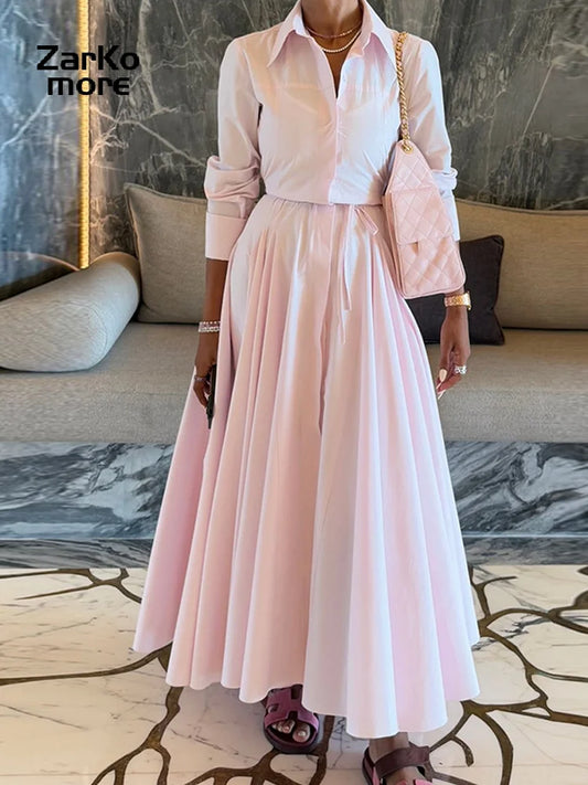 Casual Lapel Shirt Skirt Two Pieces Set Women Single Breasted Long Sleeve Top A-line Pleated Shirts 2025 Autumn Lady Solid Suit