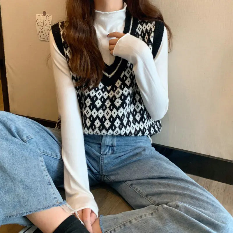 Women Sweater Vest Spring Autumn Fashion Female Casual Loose V-neck Knitted Waistcoat Sleeveless Sweater Pullover Tops Knit Vest