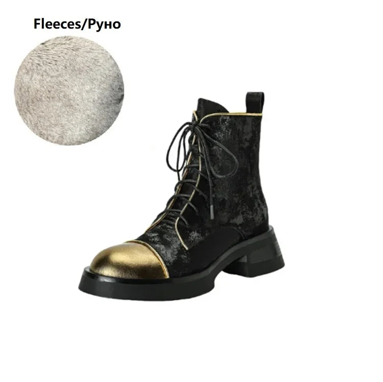NEW Autumn Women Boots Genuine Leather Shoes for Women Round Toe Chunky Heel Shoes Lace-up Platform Boots Black Ankle Boots