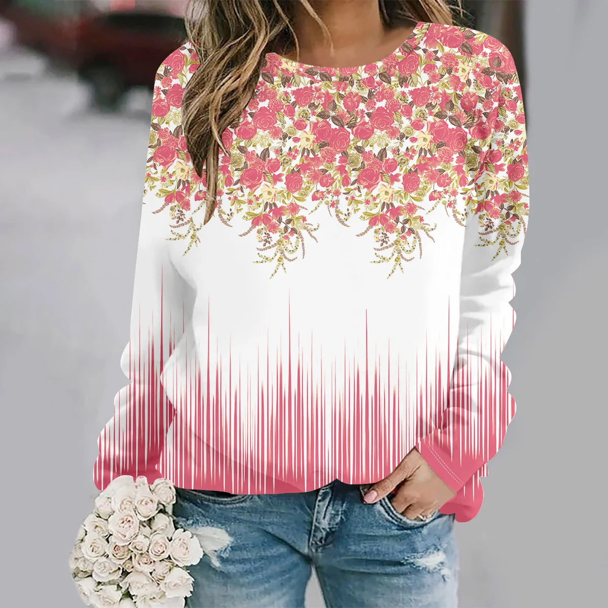2025  Autumn and winter new fashion round neck long sleeve printed elegant casual loose hoodie