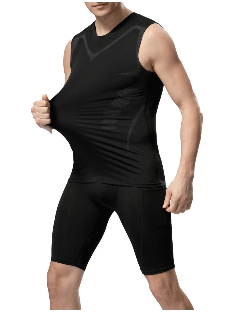 Men's sci-fi printed black vest, fashionable and casual men's quick drying T-shirt, sports and fitness round neck elastic vest
