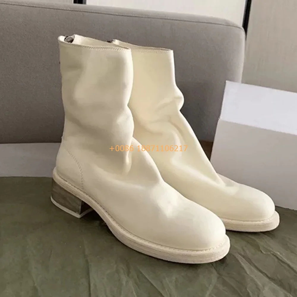 Genuine Leather Sexy Ladies Chelsea Boots 2025 Spring New Round Thick Heel Short Boots Solid Color Fashion Zipper Casual Boots