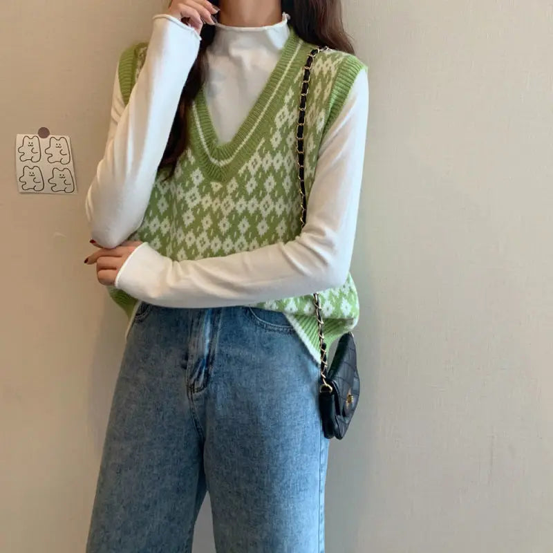 Women Sweater Vest Spring Autumn Fashion Female Casual Loose V-neck Knitted Waistcoat Sleeveless Sweater Pullover Tops Knit Vest