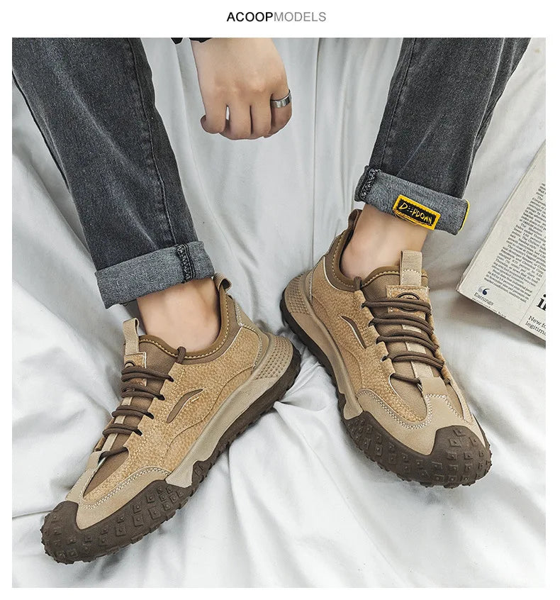 Outdoor Men Hiking Shoes Anti-slip Platform Men Sneakers Retro Leather Jogging Shoes Fashion Wear-resistant Trekking Shoes Male
