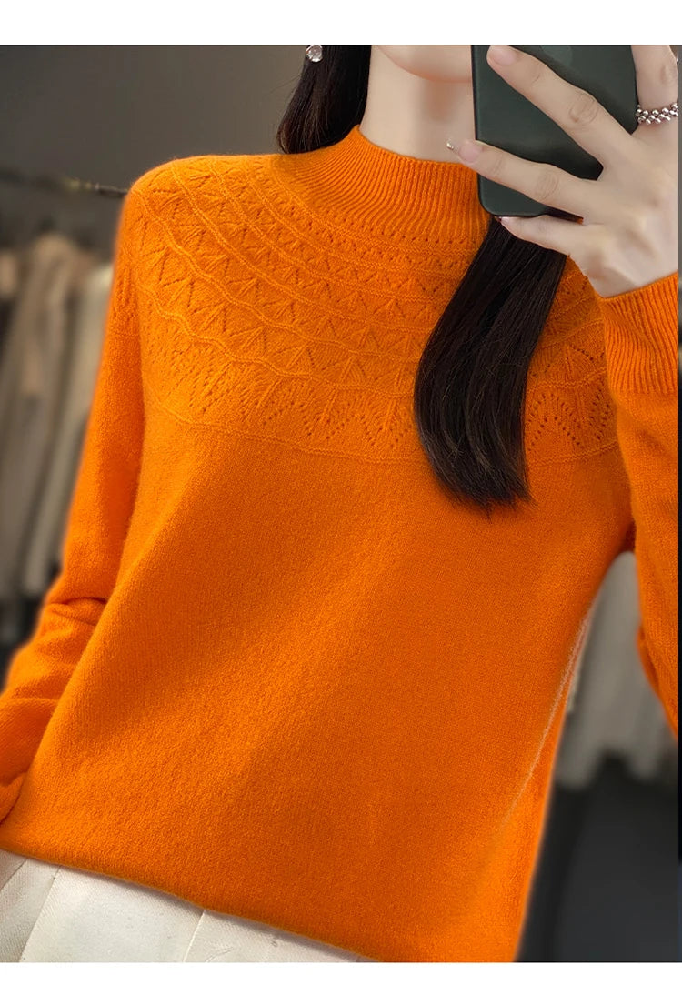 2024 New Line Of Garment Hollowed Out Half Height Women's High-grade Woolen Sweater 100% Pure Wool Multi-color Option WQ