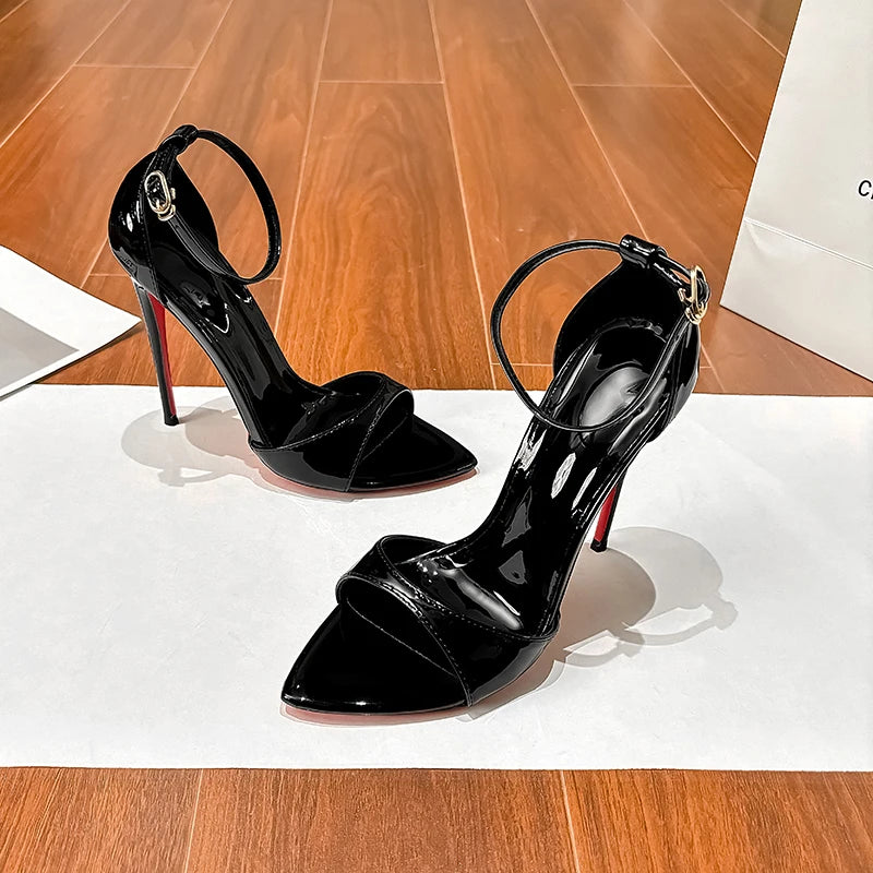 Hollow flat belt round toe high heels, plus size summer sandals, black patent leather, red sole, super shallow mouth, sexy
