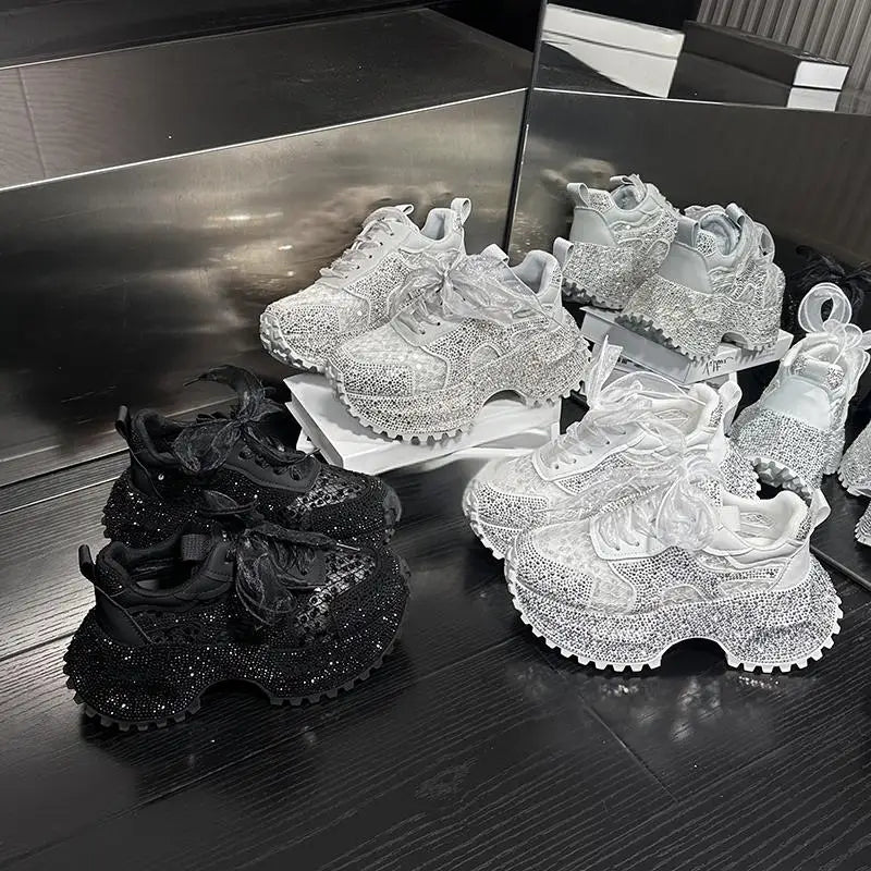 Leisure Sneakers Lace Up Breathable Platform Women Pumps High Heel Round Toe Solid Color Daily Diamonds Bowknot Comfortable
