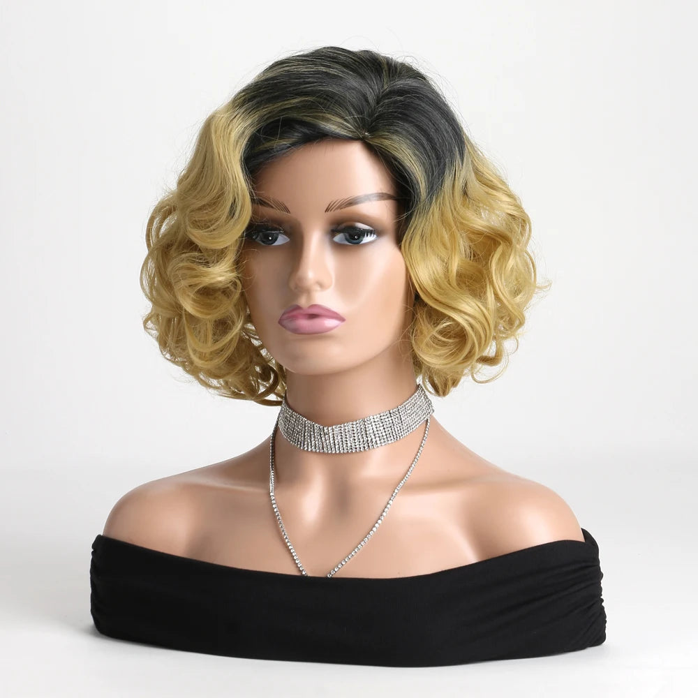 12 Inch Natural Synthetic Wigs for Women Short Black Gradient Gold Wig Heat Resistant Hair For Daily Use Festival Ball Halloween
