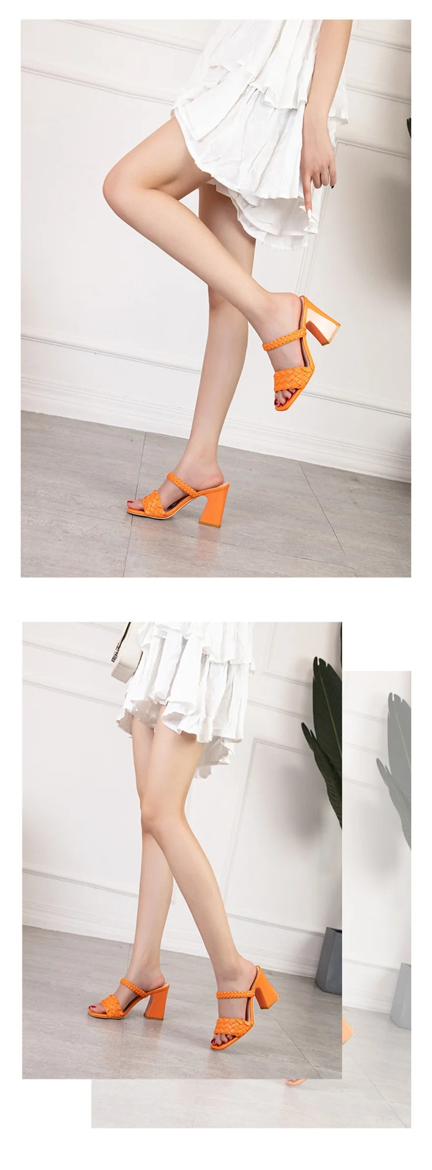 Fashion Weave Thick Heel Women's Slippers Square Toe Summer Casual Ladies Slides Red Orange Shoes Slip On Beach Sexy Pumps Woman