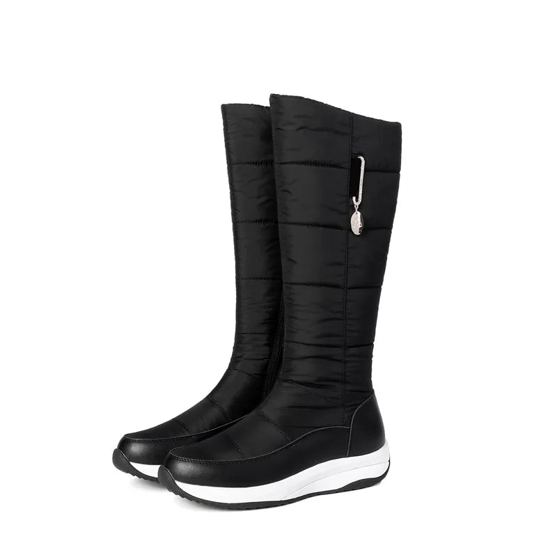 2025  Women Snow Boots Waterproof Down Plush Genuine Leather Red White Casual Travel Ladies Flat Heels Platform Knee High Boots