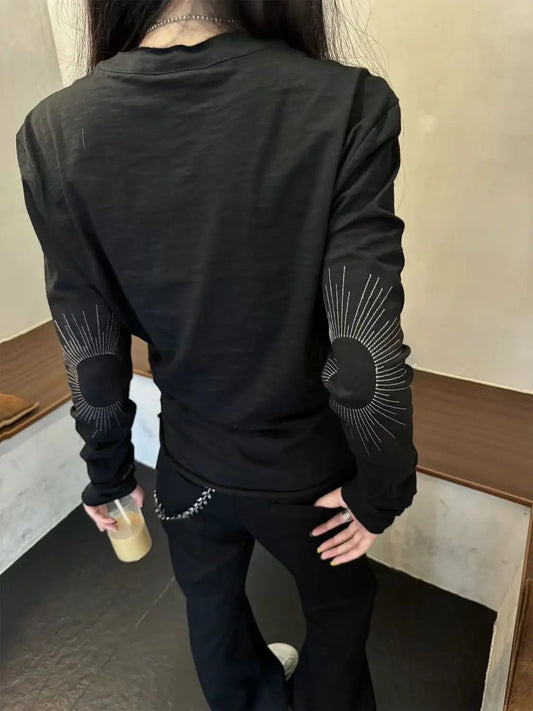 Y2k Women Streetwear Embroidery Grunge Autumn  T-shirts Loose Single Breasted Black Tops Aesthetic Casual Style Vintage Tees