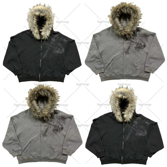 Gothic Harajuku Retro Skull Zipper Hoodie Men Streetwear Y2K Fur Collar Jacket Trendy Hip Hop Casual Oversized Sweatshirt Women