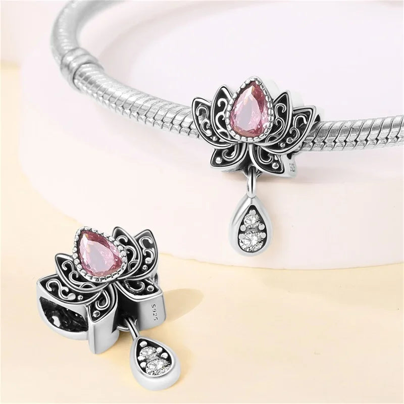 925 Sterling Silver Classic Retro Lotus Heart-Shaped Charms Beads Fit Original Pandach Bracelets Fine DIY Anniversary Jewelry