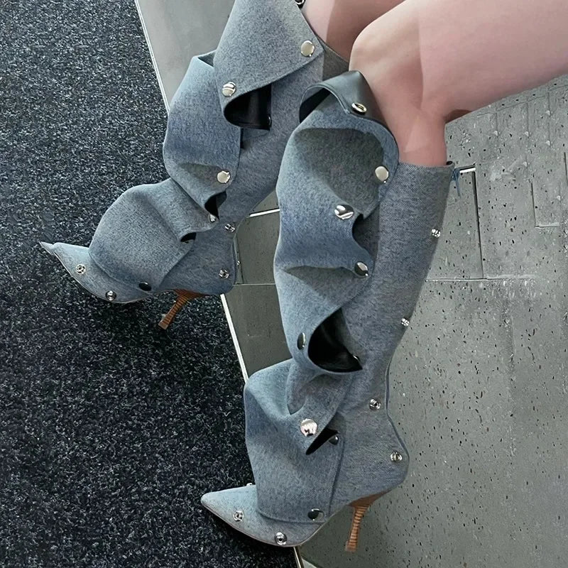 2024 Metal Buckle Detachable Denim Boots 10cm High Heel Boots 35-45 Internet Red Model Fashion Walking Red Carpet Thigh Boots