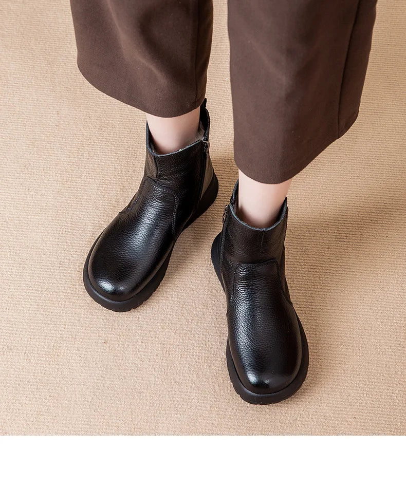 GKTINOO 2025 Winter New Genuine Leather Side Zipper Flat Bottom Women's Short Boots Soft Sole Plush Warm Cotton Shoes